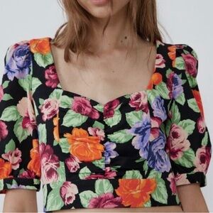 Zara Multicolor Floral Puff Sleeve Crop Top